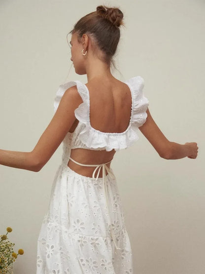 White Embroidered Hollow Out Dress For Women'S Summer Strapless Square Neck With A Unique Open Back Design, Slim Fit Long Skirt
