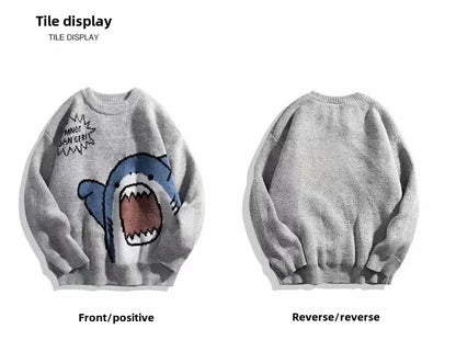 Autumn/Winter Japanese Cartoon Shark Round Neck Couple Sweater Men's Trendy Brand Loose-Fit Korean Knitted Top Hong Kong Style