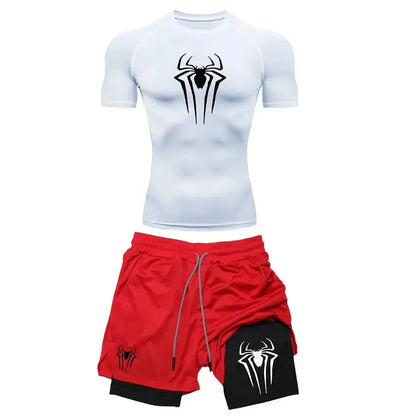 Men's Workout Compression Set Y2K Spider Printed Gym Tshirts Breathable Running Shorts Quick Dry Sports Rash Guard Sportwear Set
