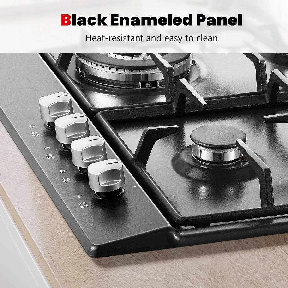 4 Burners Black Enamelled Plate 58 cm Automatic Flame Protection, Natural Gas and Propane Gas, Built-in Gas Hob