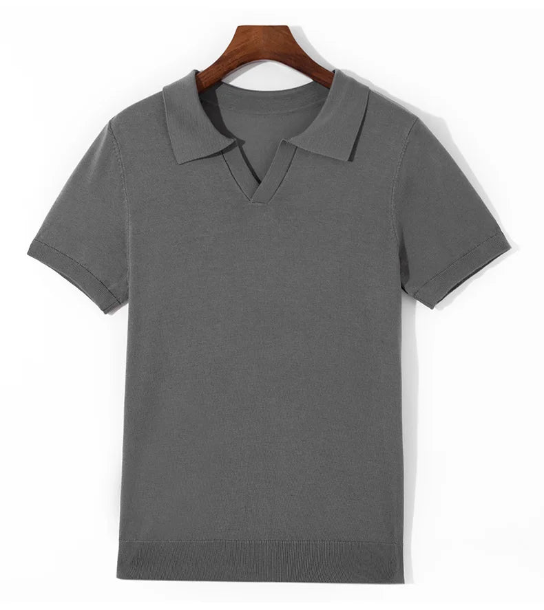Spring and summer new 100% pure wool business casual knitting technology men's breathable soft lapel Polo short sleeve T-shirt.