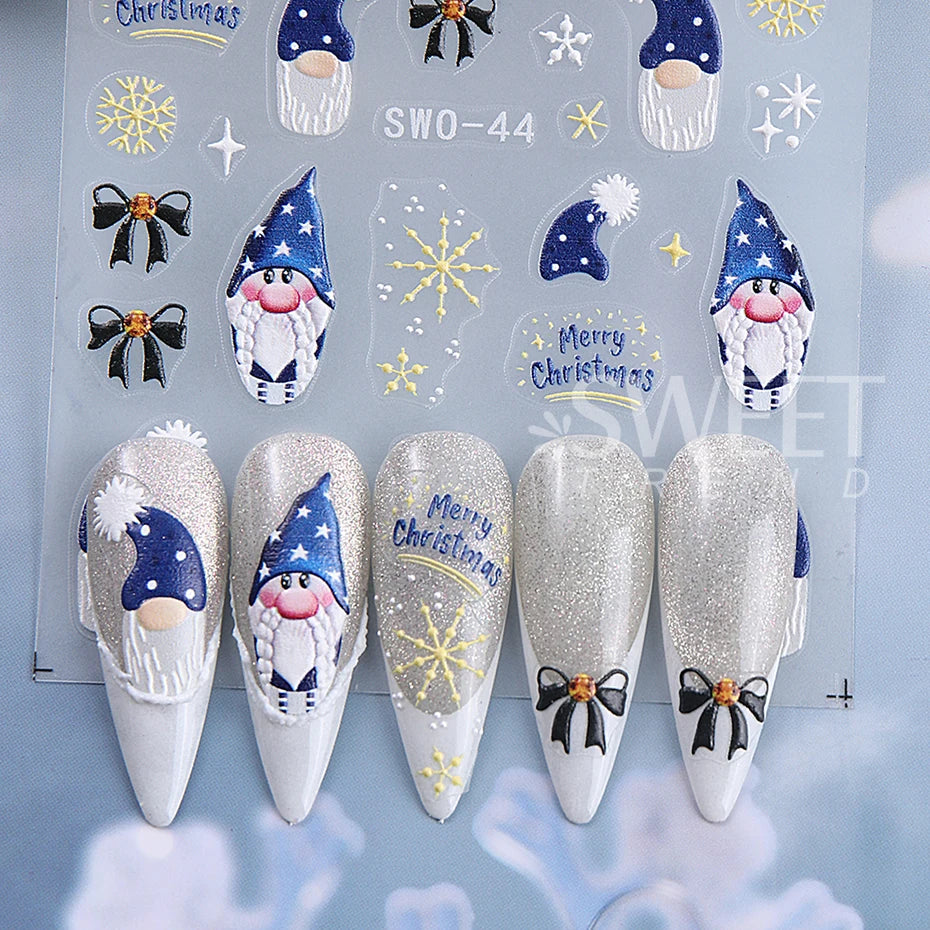 5D Embossed Christmas Nail Stickers Gingerbread Man Snowflake Snowman Penguin Nail Decal Autumn Winter Nail Supplies Decoration