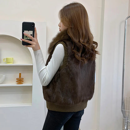 Women's Genuine Real Rabbit Fur Vest Coat Knitting Winter Fox Fur Collar Fur Jacket Casual Short Outwear Slim with Zipper