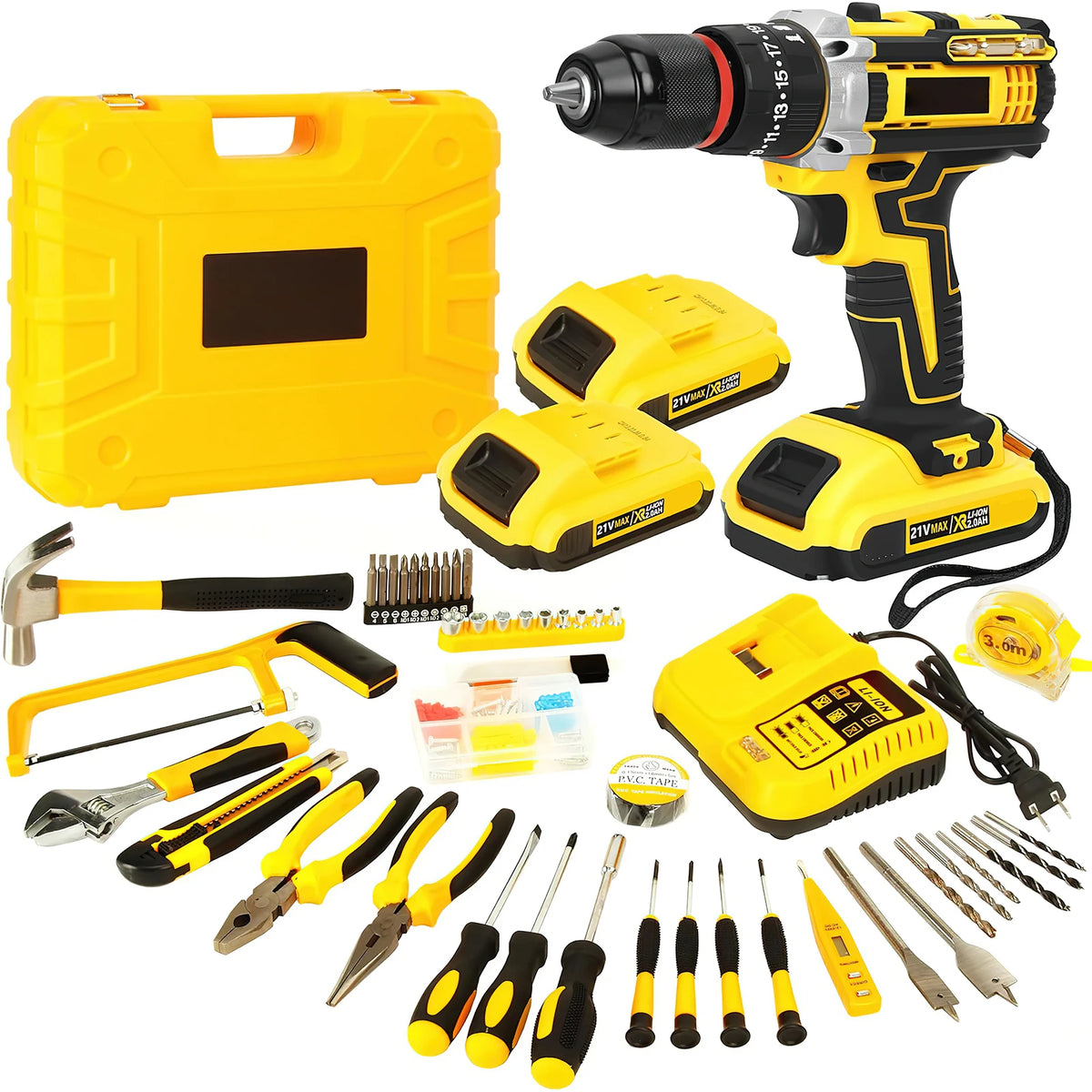 21V Portable Cordless Power Drill Set Impact Screw Driver with 120 Piece Toolbox with 2 Rechargeable Battery LED Light for Home