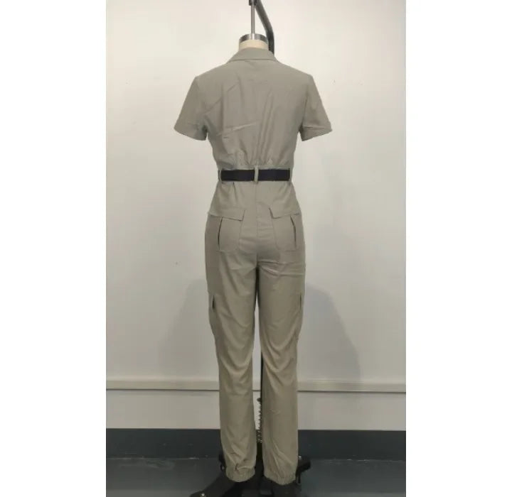 Fashion Women's Jumpsuit New Sexy Zipper Workwear Short Sleeved Lapel Multi Pocket Waistband Bodysuit Pants Female 2024 Summer