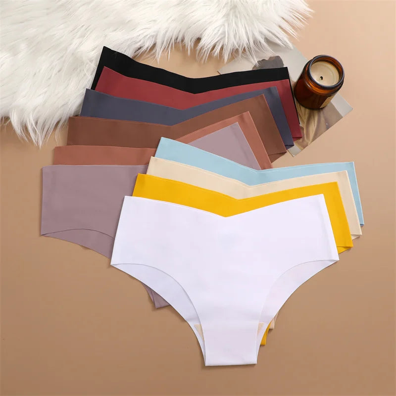 4PC Women Seamless Briefs Sexy V-Waist Underwear 10 Solid Colors Ice Silk No Trace Panties Female Breathable Intimates Lingerie