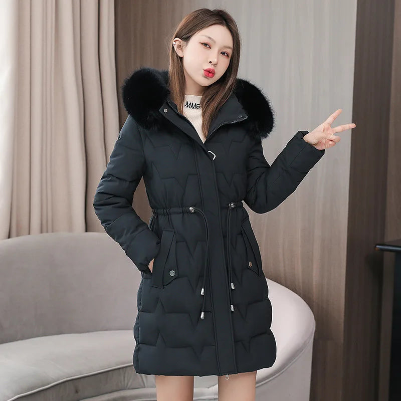 Hooded Women Parkas Coats Mid LenthJackets  Oversize Solid Fur Collar Zipper Drawstring Waist Loose Casual 2025 Autumn Winter