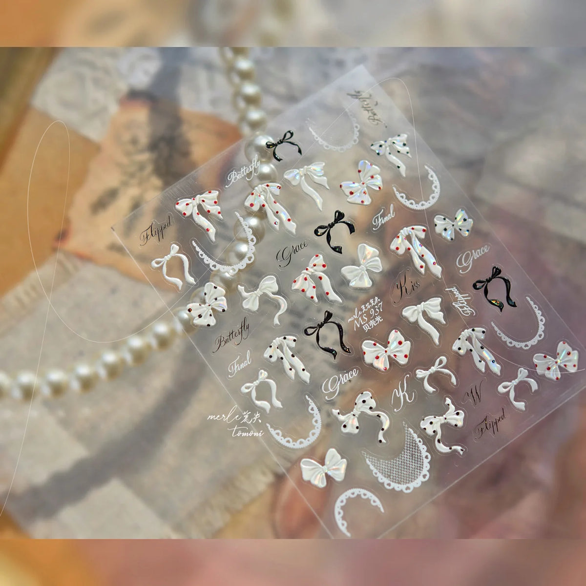 Shell Light Nail Stickers Small Fresh White Bow Ribbon Nail Charms Stickers Self Adhesive Nails 3D Decorations Parts DIY Decals