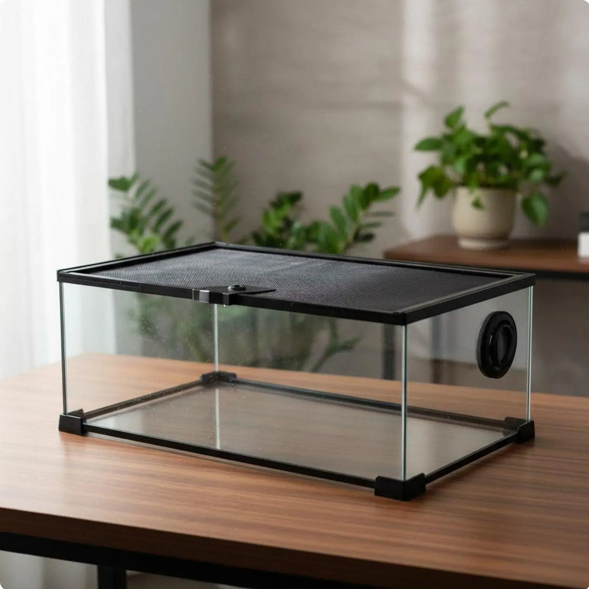 Stackable Reptile Terrarium Glass Cage Secure Mesh Lid with Heat Lamp Holder for Small Pets Display