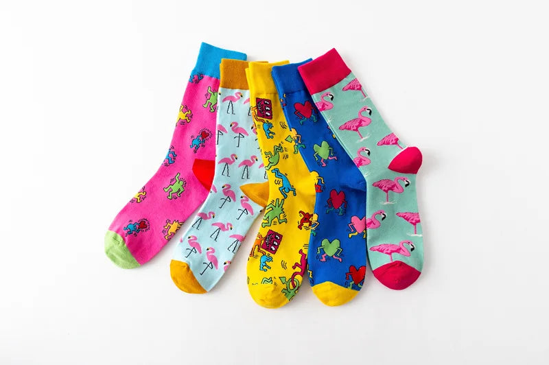 1Pair 35-44 Men Casual Cotton Sock Harajuku Cartoon Flamingo Loving Heart Cute Funny Character Japanese Socks