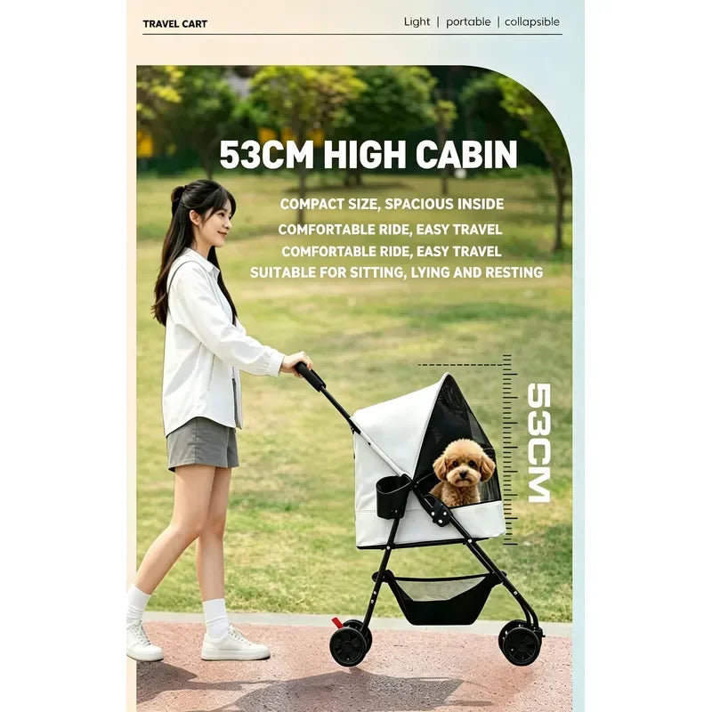 Pet Stroller Lightweight Metal Foldable Multi Tier Carrier Round Handle For Cats Dogs Outdoor Travel