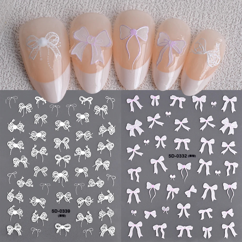 1pcs 5D White Lace Bowknot Nail Art Sticker Sweet Pearl  Bow Ribbon Self-Adhesive Nail Slider DIY Luxury Nail Decorations Decals
