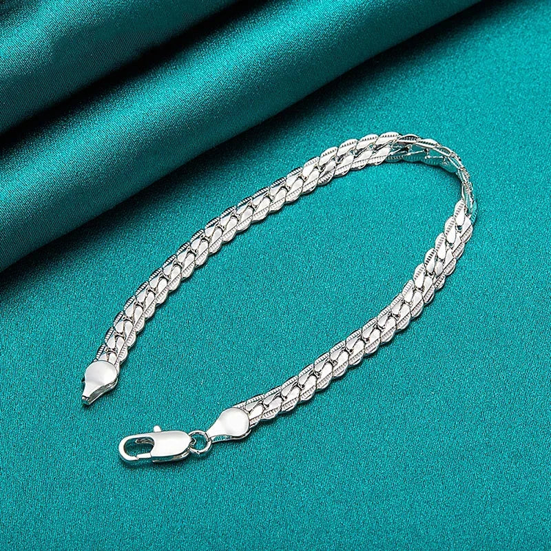 Fashion Hot 925 Silver Bracelet 6mm 18/19/20cm Flat Side Chain Lobster Clasp For Woman Man Wedding Engagement Jewelry