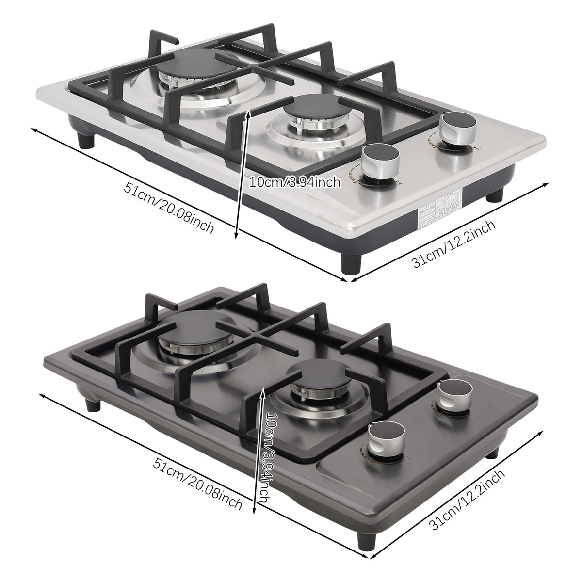 2-Burner Stainless Steel Gas Hob 3KW+1.75KW Portable Gas Stove Countertop/Flush Mounted 51*31*10cm