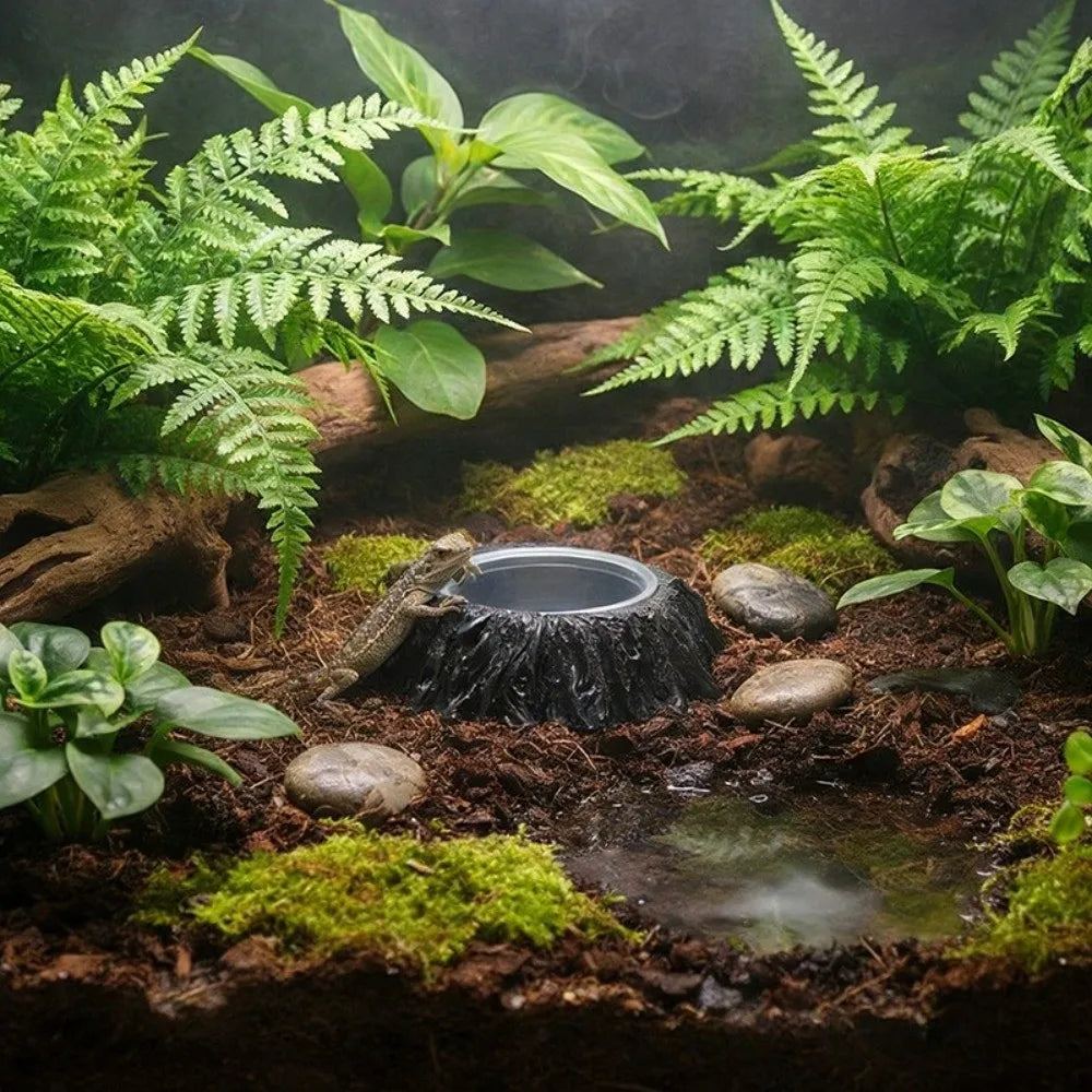 Imitation Stone Resin Rock Feeder Dish Wear Resistant Anti-knock Pet Feeder Ledge with Bowls Wide Mouth Reptile Food Bowl
