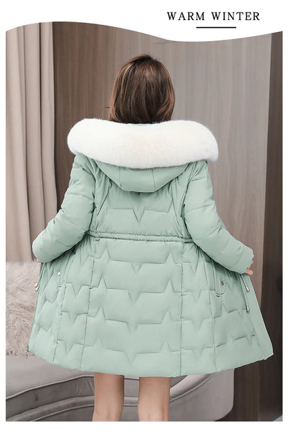 Hooded Women Parkas Coats Mid LenthJackets  Oversize Solid Fur Collar Zipper Drawstring Waist Loose Casual 2025 Autumn Winter