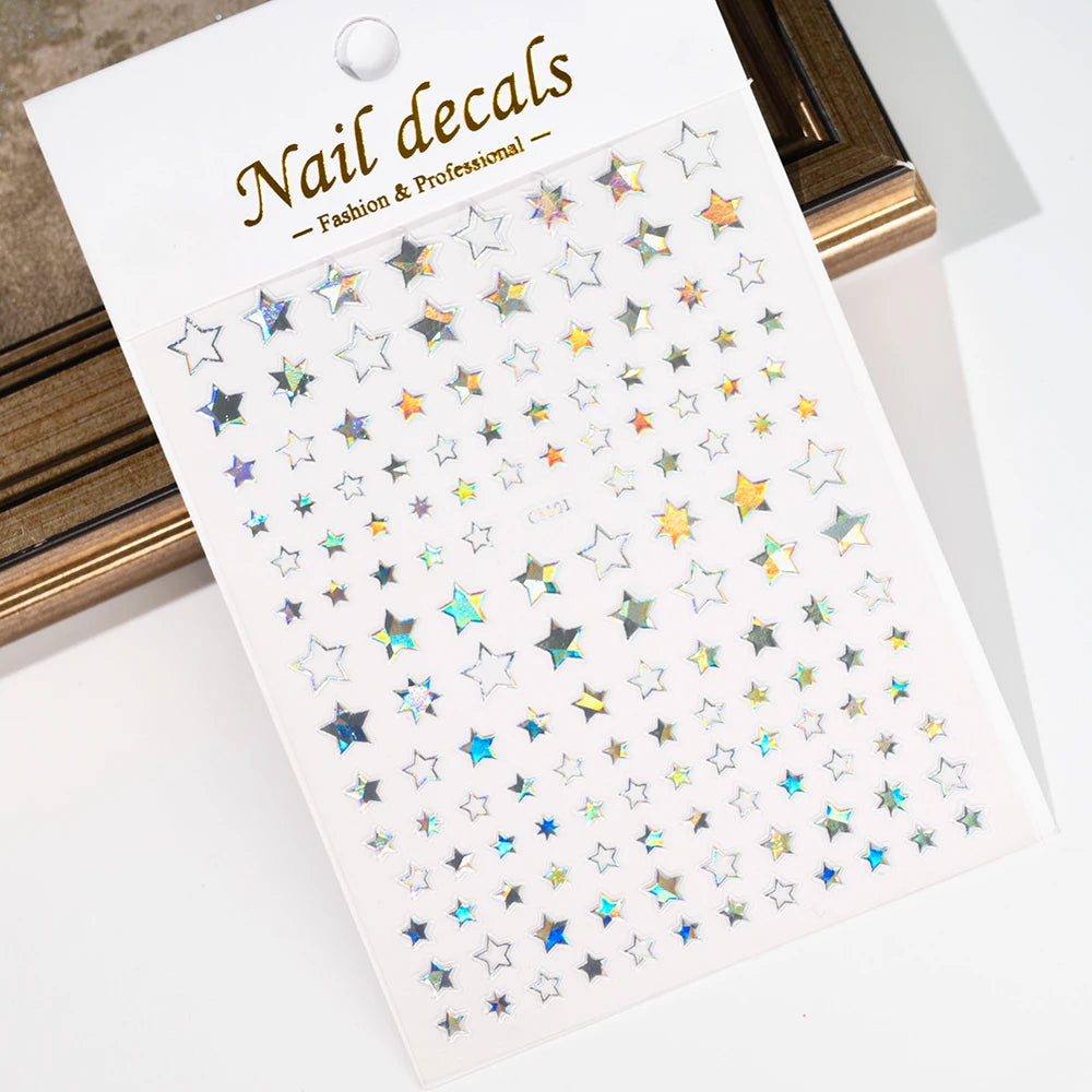 Black White Star 3D Nail Art Sticker Y2K Pentagram Self-Adhesive Decals Laser Shiny Glitters Starlight Manicure Ornaments Slider