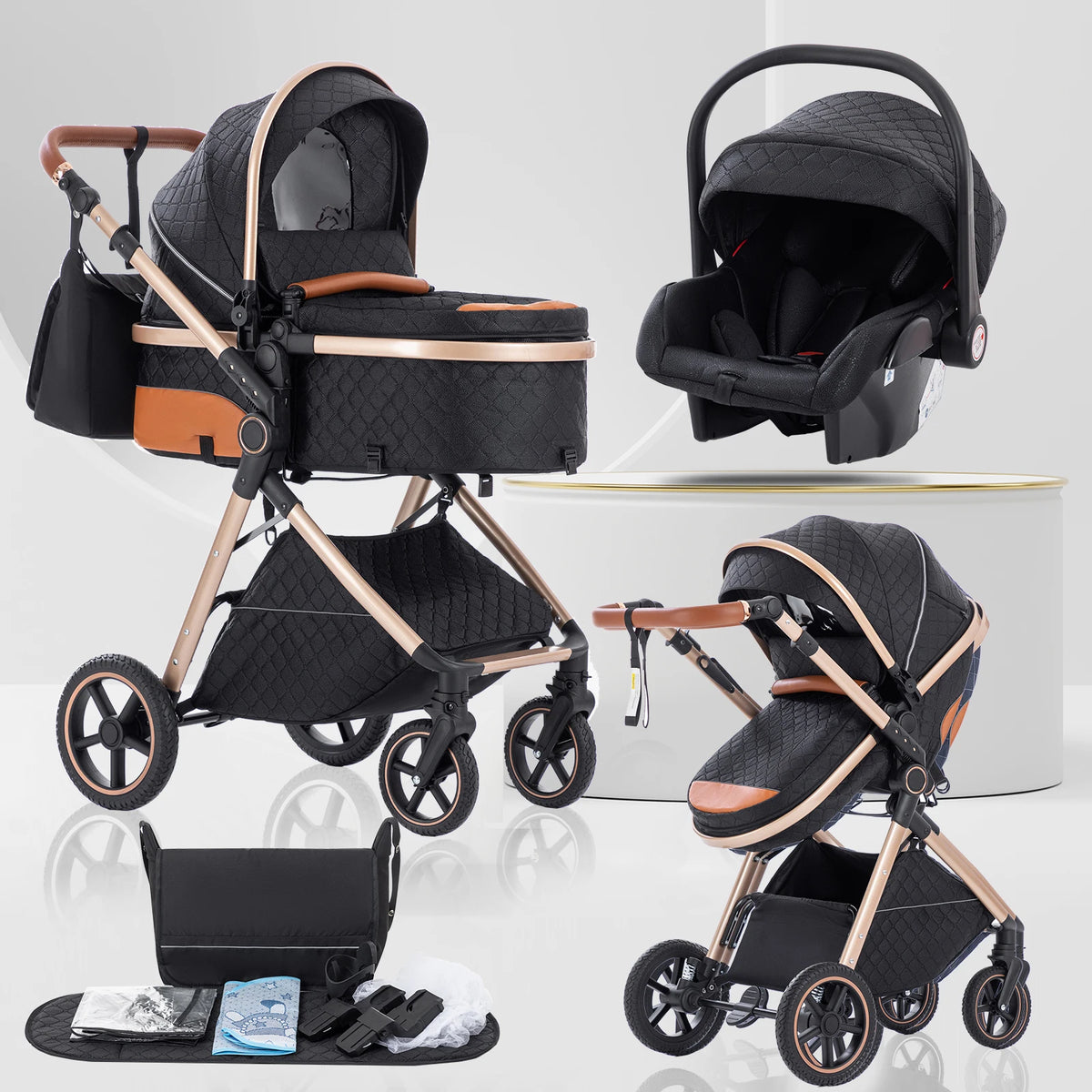 Luxury Baby Stroller 3 in1 Portable Baby Carriage Folding Prams High Landscape Car for Newborn Baby Adjustable Handle travel
