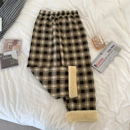 JMPRS Fashion Warm Plush Pants Thick Plaid Women Casual Loose Wide Leg Trousers Korean Streetwear Straight Student Pants New
