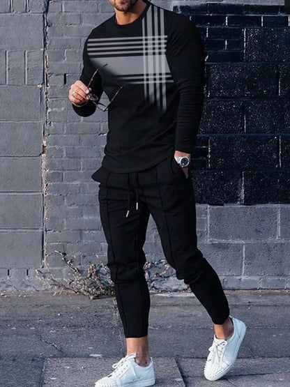 Fashionable summer men's striped patchwork print breathable round neck long sleeved pants set outdoor casual wear