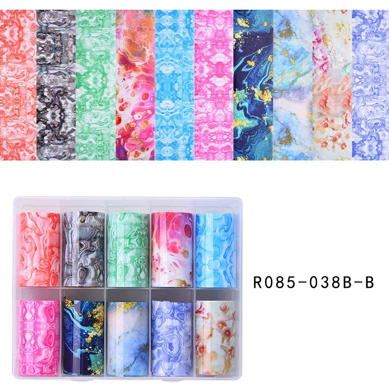 10 Patterns New Metal Nail Foils for Transfer Paper Stickers Floral Chameleon Nails Wraps DIY Water Marble Nail Art Decorations