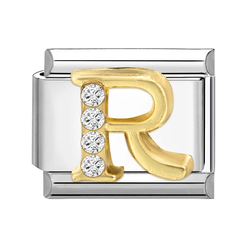 New Girls Italian Bracelet 26 English Letters Charm Stainless Steel Bangle Gold Color Inlaid Zirconia DIY Making Jewelry Gifts
