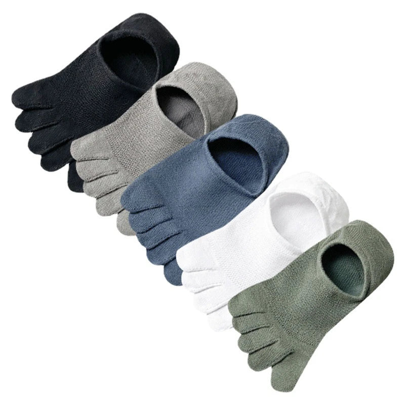 5 Pairs Men's Solid Color Five Finger Silicone Anti-Slip Socks Cotton Breathable Sports Toe Invisible Summer Thin Mesh Shallow