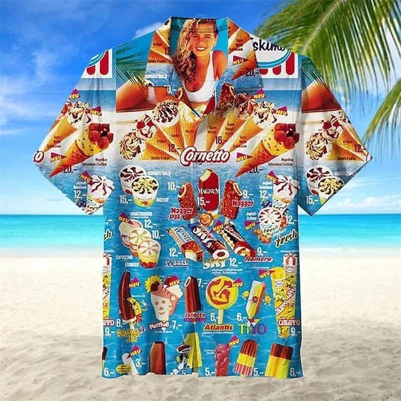 2024 Hawaiian Shirt For Men Summer Ice Cream T-Shirt Beach Prints Short Sleeved Shirt Tops Casual Original Design Men's Clothing