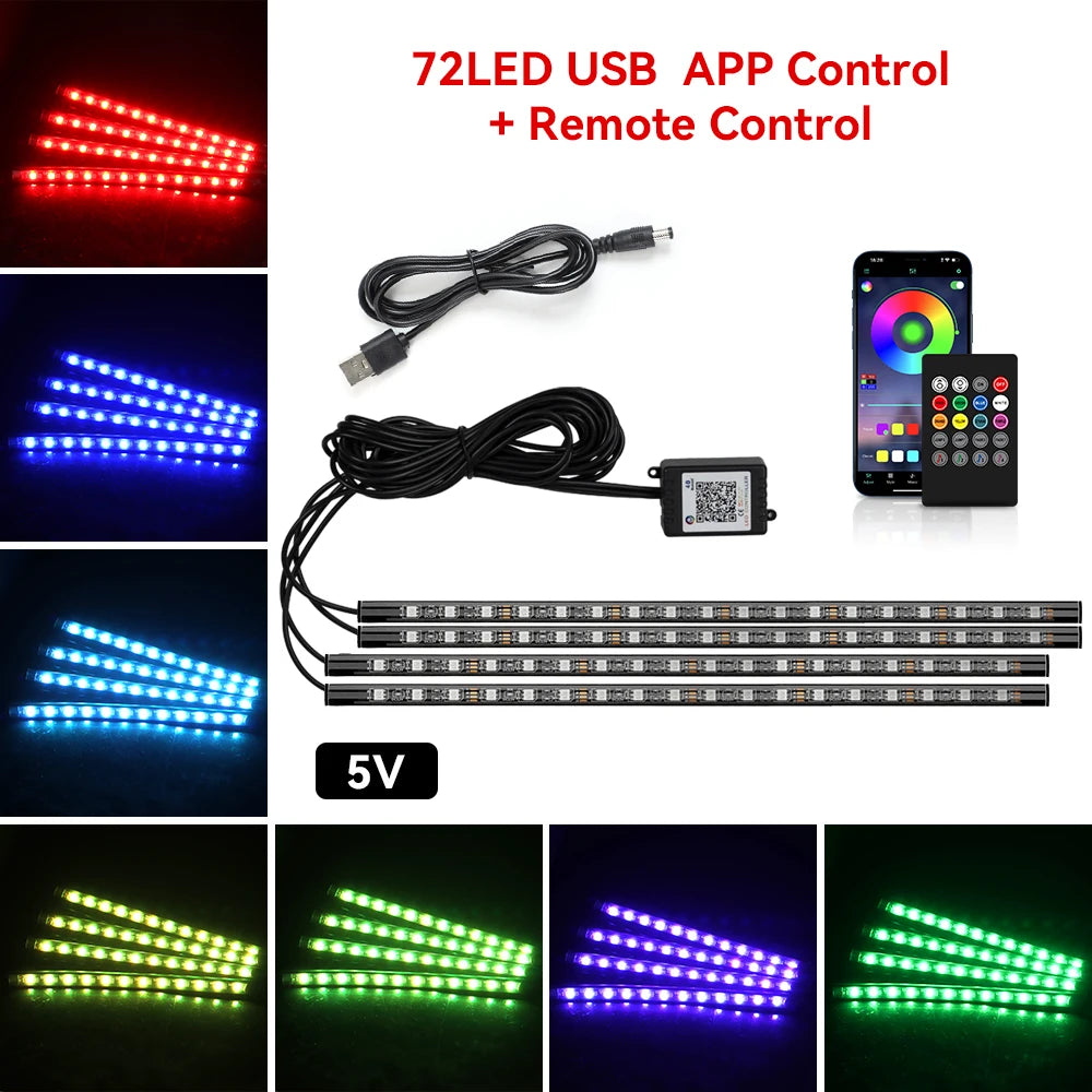 Car Interior Light Ambient Light with USB Cigarette Decorative Lamps RGB Car Footwell Light with Remote/Voice Control