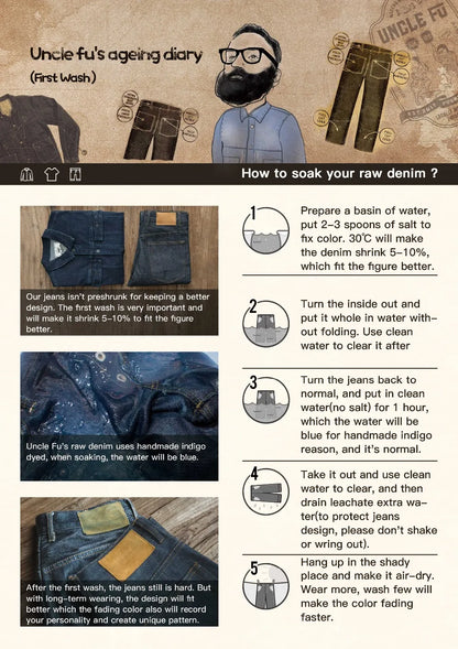 Maden Vintage 14oz Selvedge Raw Denim Jeans Horsehair Leather Patch Straight Fit Jeans Men's Spring and fall Paris Buckle Pants