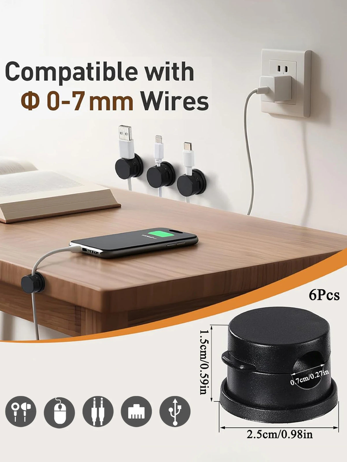 6PCS Magnetic Cable Clips Cable Smooth Adjustable Cord Holder Cable Organizer Holder Under Desk Cable Management