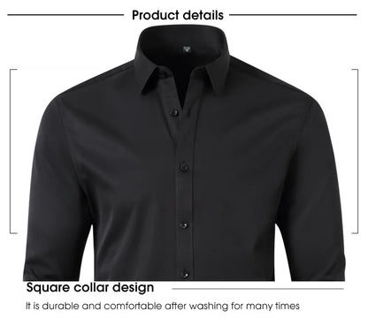 Men's long-sleeved shirt made of elastic fabric, wash-and-wear wrinkle-resistant business casual, silky smooth, pure color shirt