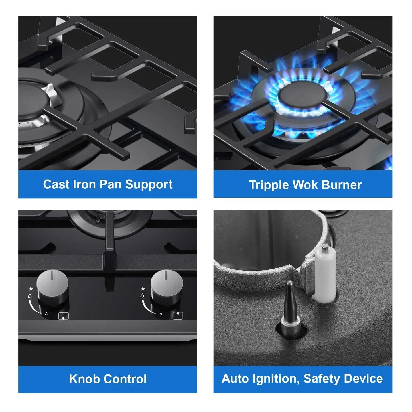 TopStrong 2 Burners 30cm Kitchen Built in Tempered Glass NG/LPG Dual Fuel Gas Hob UKGCT-B02
