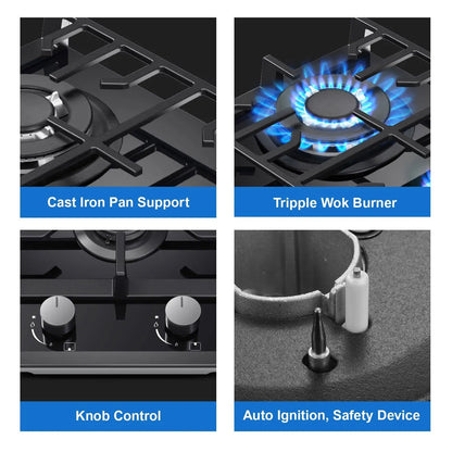 TopStrong 2 Burners 30cm Kitchen Built in Tempered Glass NG/LPG Dual Fuel Gas Hob UKGCT-B02