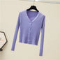 Women Ribbed Crew Neck Cardigan Sweater Pastel Pink Purple Long Sleeve Fitted Crop Knitted Jacket Spring Fall