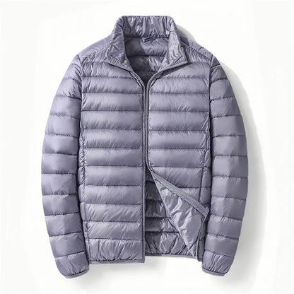 Men White Duck Down Jacket Warm Hooded Ultra Lightweight Packable Coat Winter Water and Wind-Resistant Breathable Down Jacket
