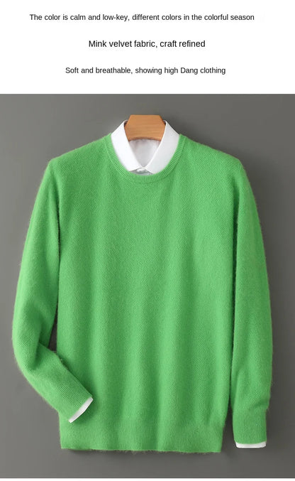 Men's 100% Pure Mink Cashmere Sweater O-Neck Pullovers Knit Large Size Mink Sweater Winter New Long Sleeve High-End Jumpers Tops