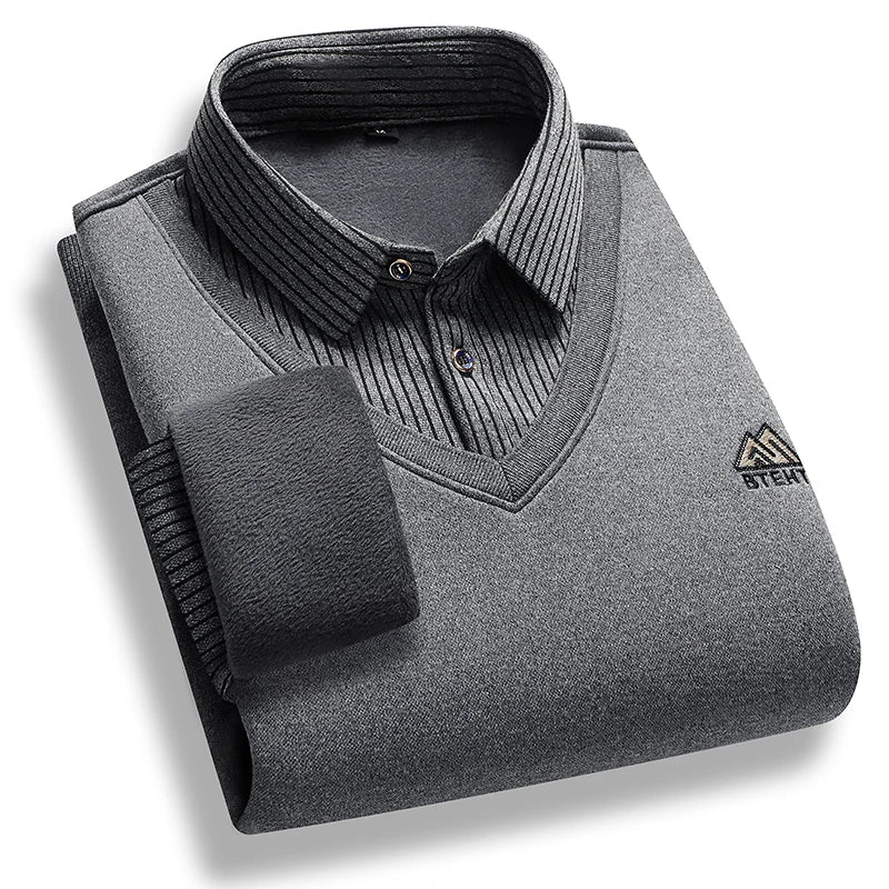Men's Fleece Lined Sweater Polo Collar Pullover Tops Fashion Business Causal Pullovers Korean Slim Fit Thick Winter Clothes