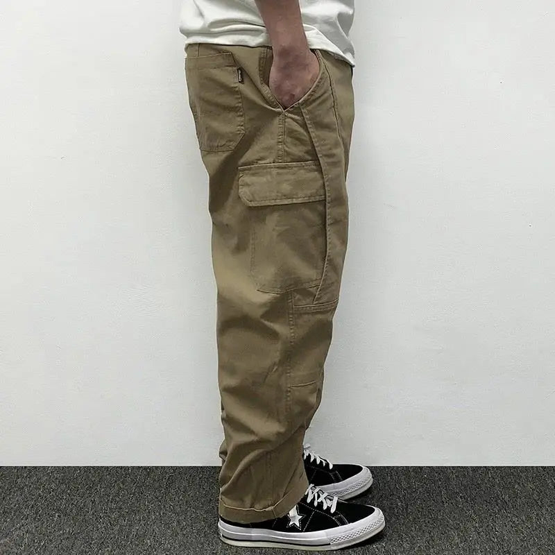Autumn Men's Pants Multi-Pocket Cargo Pants Retro Solid Color Simple Loose Button Elastic Strap Casual Pants