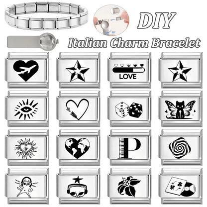 Laser Engraving Cute Cartoon Black Playing Cats Italian Charm Links Fit 9mm Stainless Steel Bracelet Men Women DIY Making Gifts