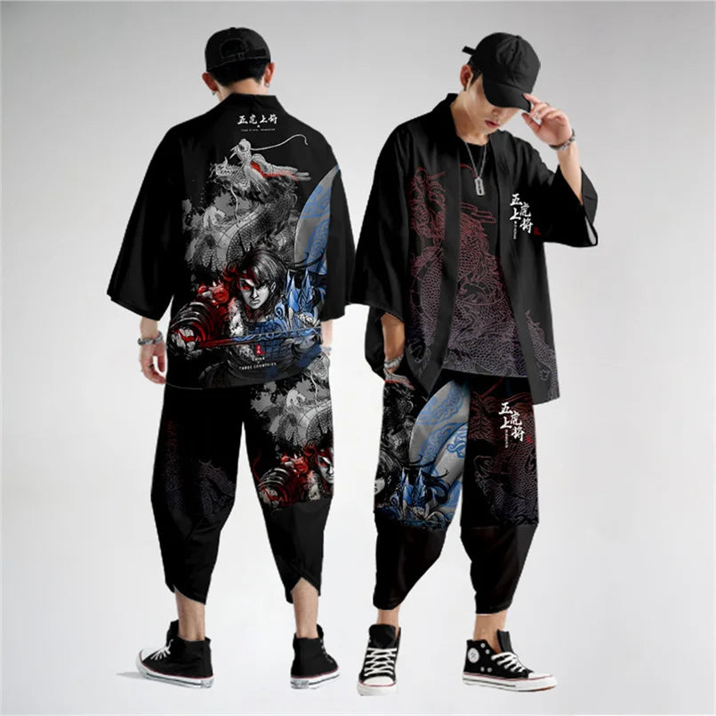 Large Size 5XL 6XL Japanese Kimono Cardigan Pants Set Print Fox Men Women Shirt Tradition Yukata Haori Obi Cosplay Costume