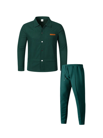 2026 Men's New Style Waffle Plain Color Collar Button-Down Pockets Long-Sleeved Pants Casual Jacket Set