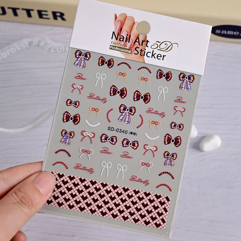 1pcs 5D White Lace Bowknot Nail Art Sticker Sweet Pearl  Bow Ribbon Self-Adhesive Nail Slider DIY Luxury Nail Decorations Decals