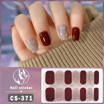 14Tips Semi Cured Gel Nail Stickers Foil Glittering Nail Art Stickers Self-Adhesive Simple Gel Full Nail Wraps
