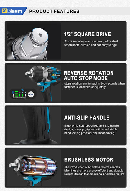 Gisam 2800N.M Brushless Electric Wrench 1/2 Inch Impact Wrench Electirc Screwdriver Drill Compatible with Makita 18V Battery Pin