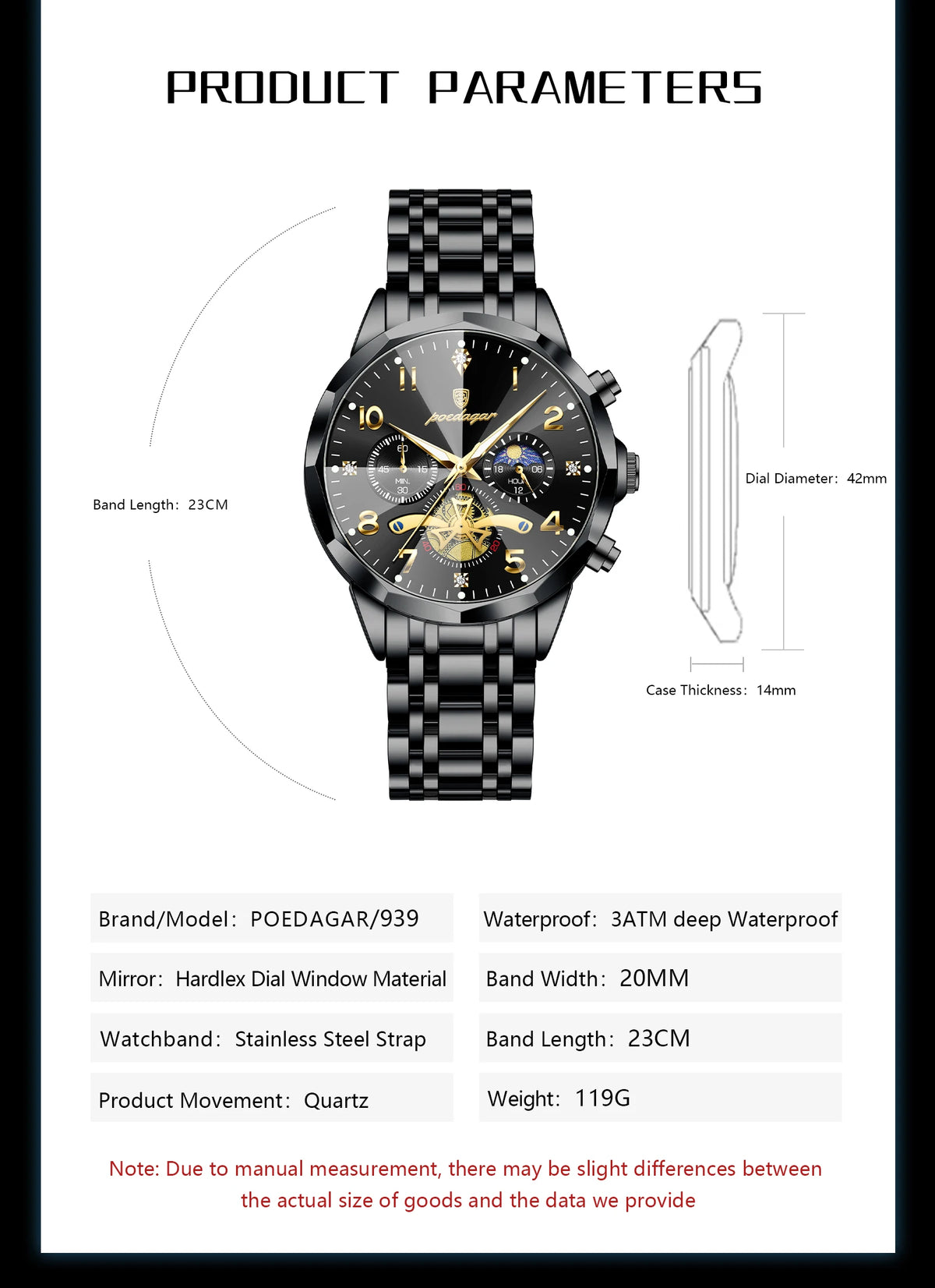 POEDAGAR Luxury High Quality Man Wristwatch Chronograph Stainless Steel Quartz Men's Watches Waterproof Luminous Men Clock Reloj