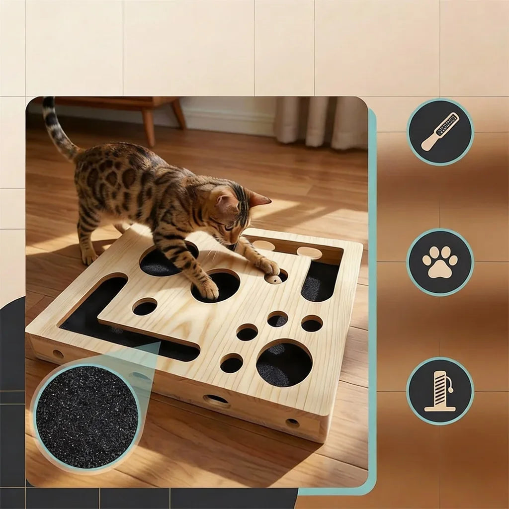 Cat Scratching Puzzle Toys, Wooden Set with 3 Bell Balls, for Indoor Cats To Scratch, Stimulate Intelligence, and Relieve Boredom.