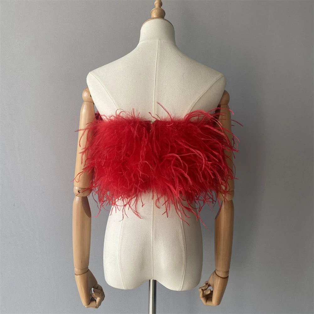 Jaxmonoy New Women Ostrich Feather Tube Spring Summer Sexy Stretch Top Bra Lady Party Wedding Fashion Sleeveless Cropped Top