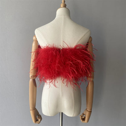 Jaxmonoy New Women Ostrich Feather Tube Spring Summer Sexy Stretch Top Bra Lady Party Wedding Fashion Sleeveless Cropped Top