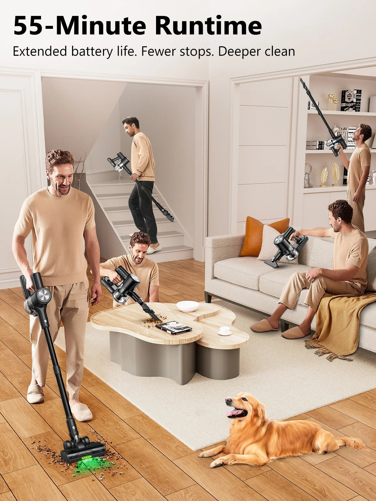 Cordless Vacuum Cleaner, 55Kpa/55Mins Vacuum Cleaners for Home, Anti-tangle Stick Vacuum with Self-Standing, Wall Mount Charging